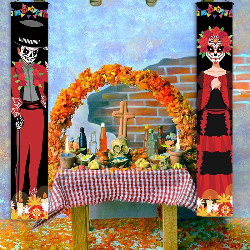 1 Pair Mexican Day of The Dead Decoration Outdoor Mexican Halloween Banner Porch Sign DIY Party Skull Welcome Hanging Door Decor