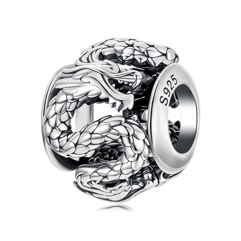 BAMOER 925 Silver Phoenix Flying Dragon Charm Fit Bracelet, Retro Round Hollow Beads DIY Jewelry Accessories