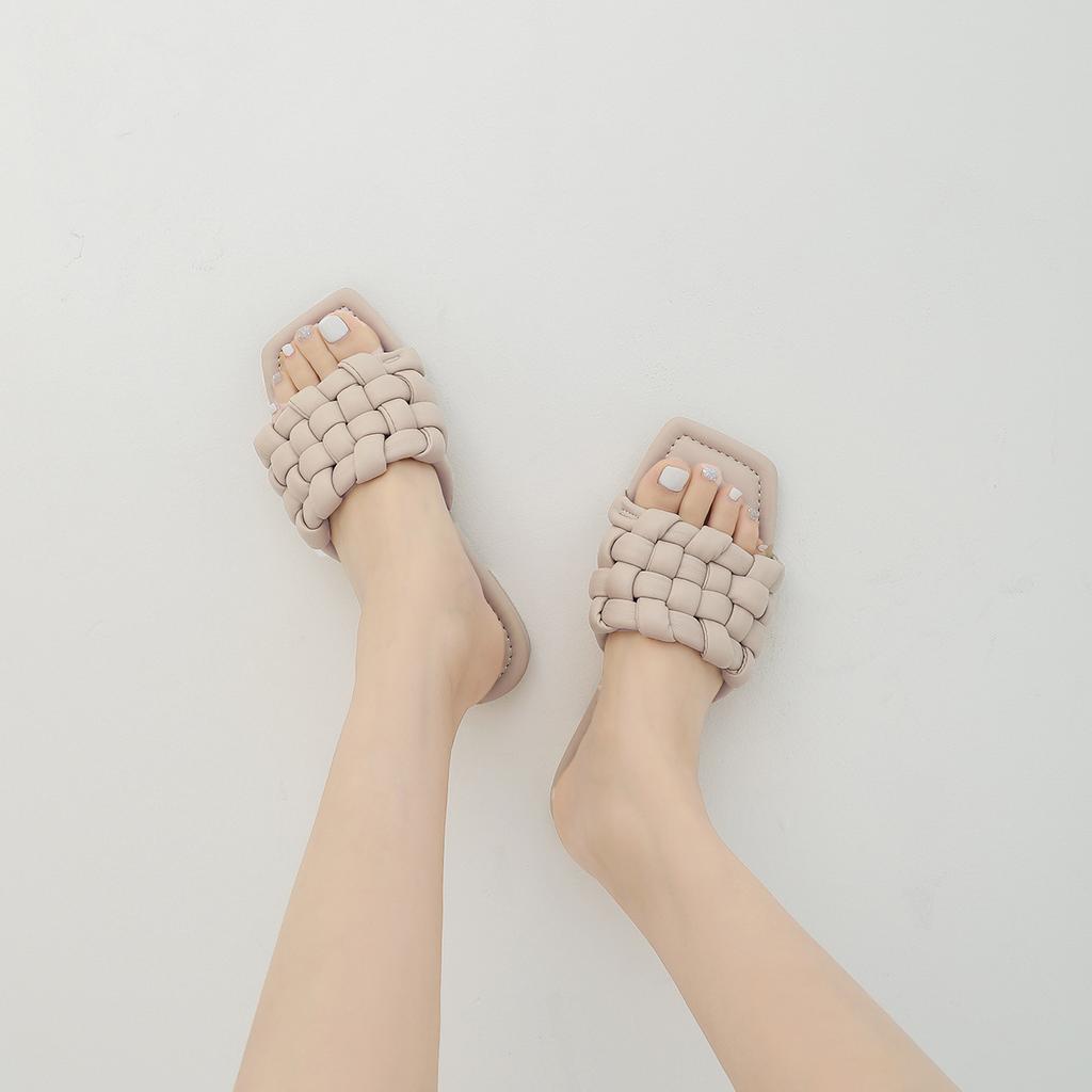 Sheepskin Version of Marshmallow Square Head Leather Woven Slippers for Women Wearing New Flat Bottom One Word Lazy Cool Slippers for Summer Women