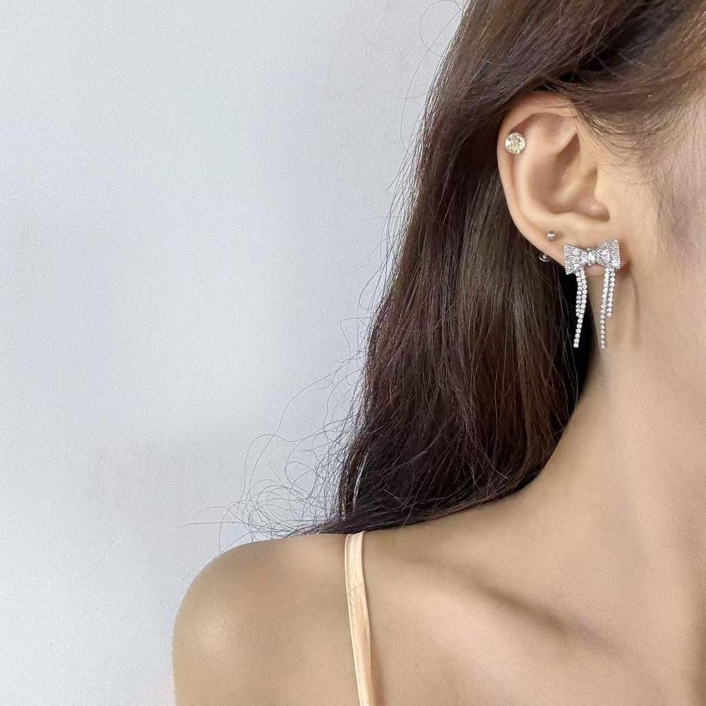 Exquisite Copper Zircon Tassel Bow Earrings - Luxury Style, Versatile and High-End Design for Women