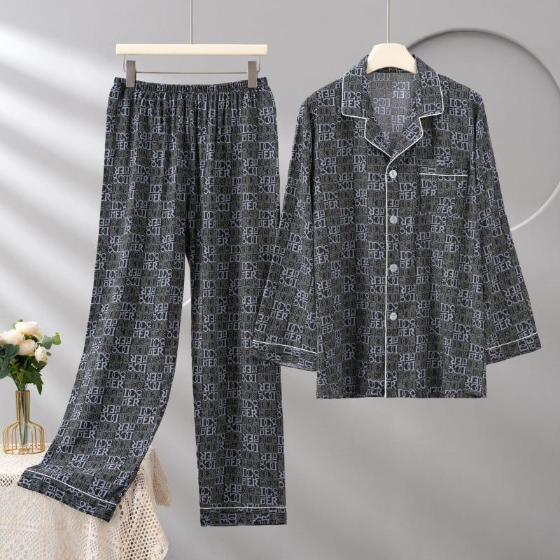 Men's Cotton Silk Long Sleeve Pajama Set, Plus Size, Cardigan, Wear Outdoors, Internet Trend, Pure Cotton, Simple & Comfortable Homewear