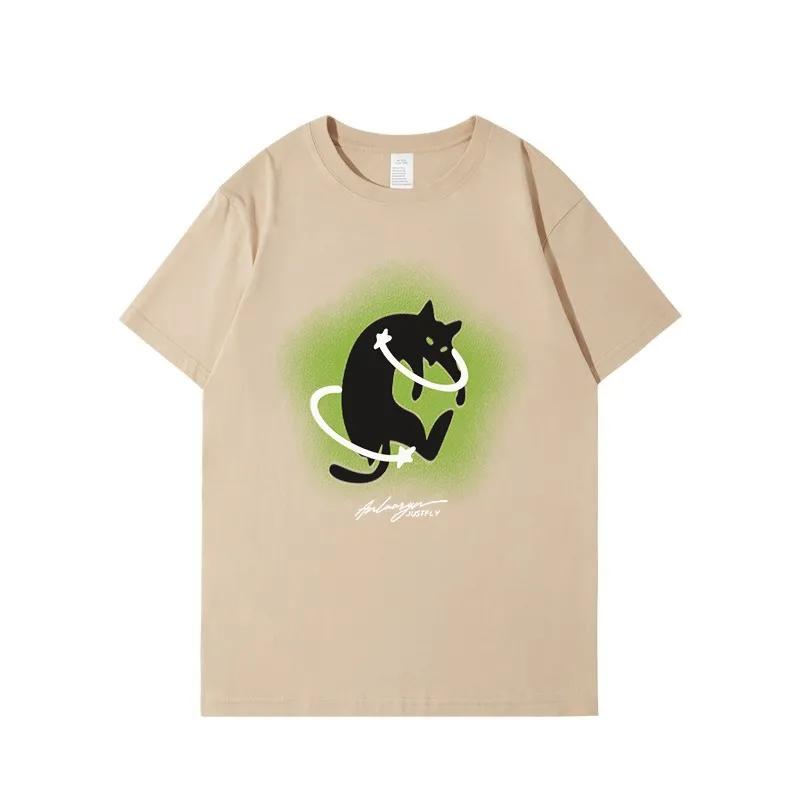 Baumwoll-T-Shirt für Damen, Sommer, Retro, kurzärmelig, Sport, einfache Katzenbluse, locker, dünn und vielseitig für Damen