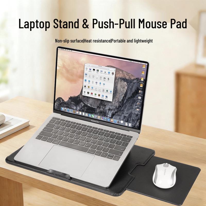 Leather Portable Laptop Stand with Non-Slip Surface, Heat Insulation, and Retractable Mouse Pad