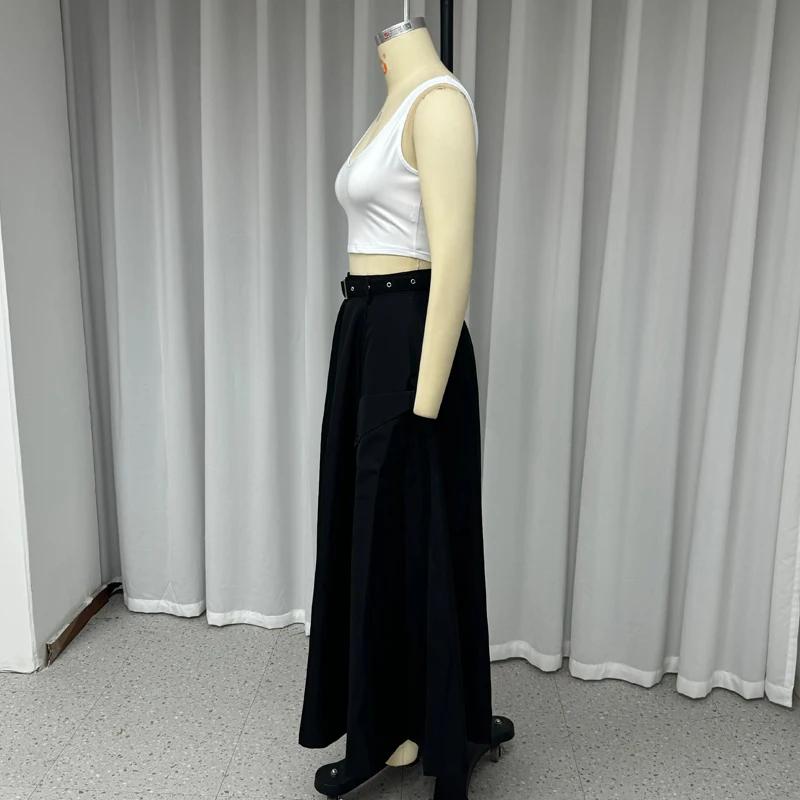 2 Piece Set Women Stylish Solid Round Neck Sleeveless High Waist Vest Slim Top Loose With Pockets Zipper Long Skirt Sets Spring Summer 2024 New
