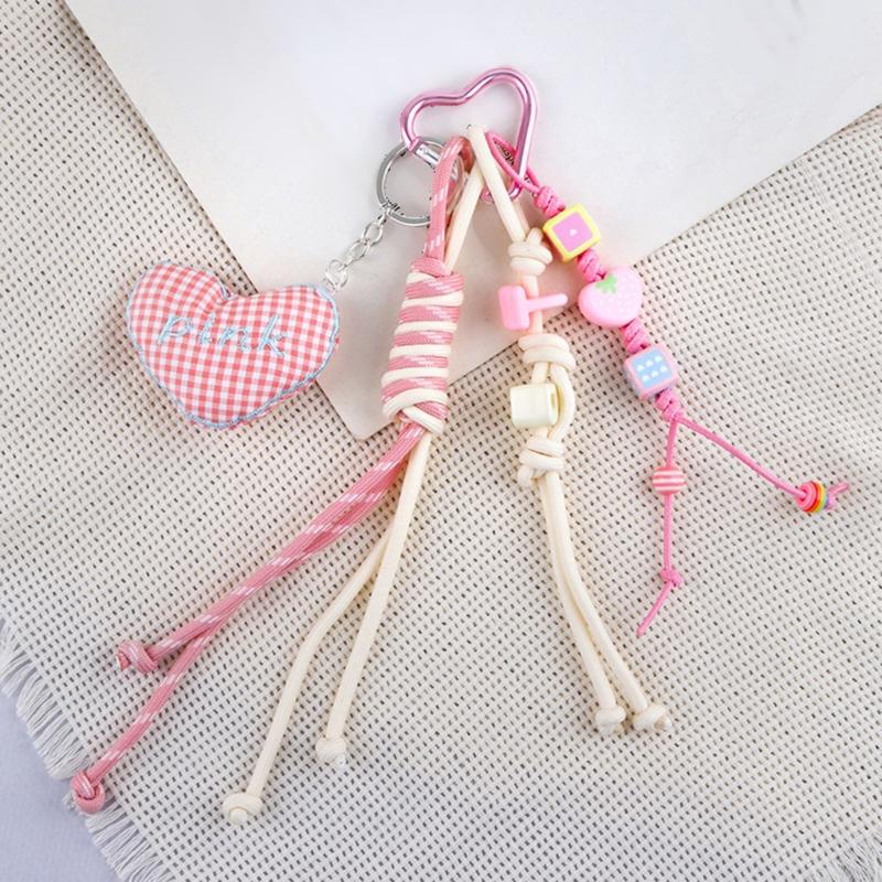 Cute Bag Charm Pendant Keyring Heart Beaded Braided Rope Keychain Bag Charm for Backpack Purse Handbag Decorations
