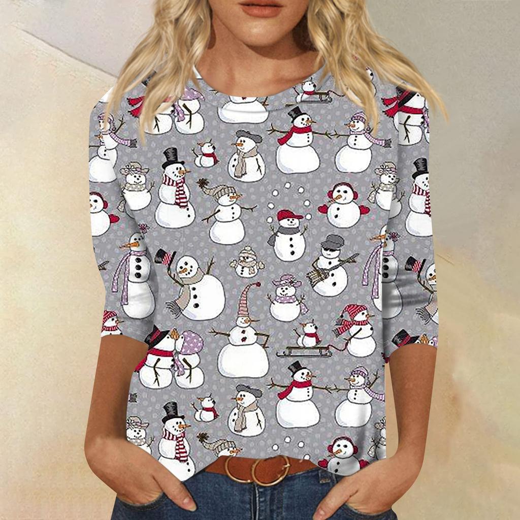 Women's Fashion Casual Round Neck 3/4 Sleeve Loose  Printed T-Shirt Ladies Top