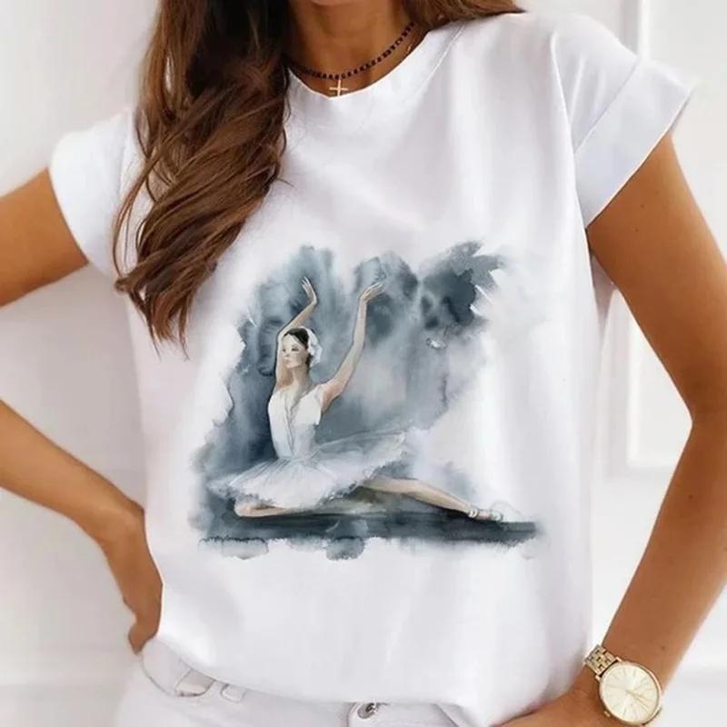Stylish African Womens Watercolor Ballerina Girl Cute Cartoon Short Sleeve Tshirt Summer Tops Vintage Clothes Oversized Tee