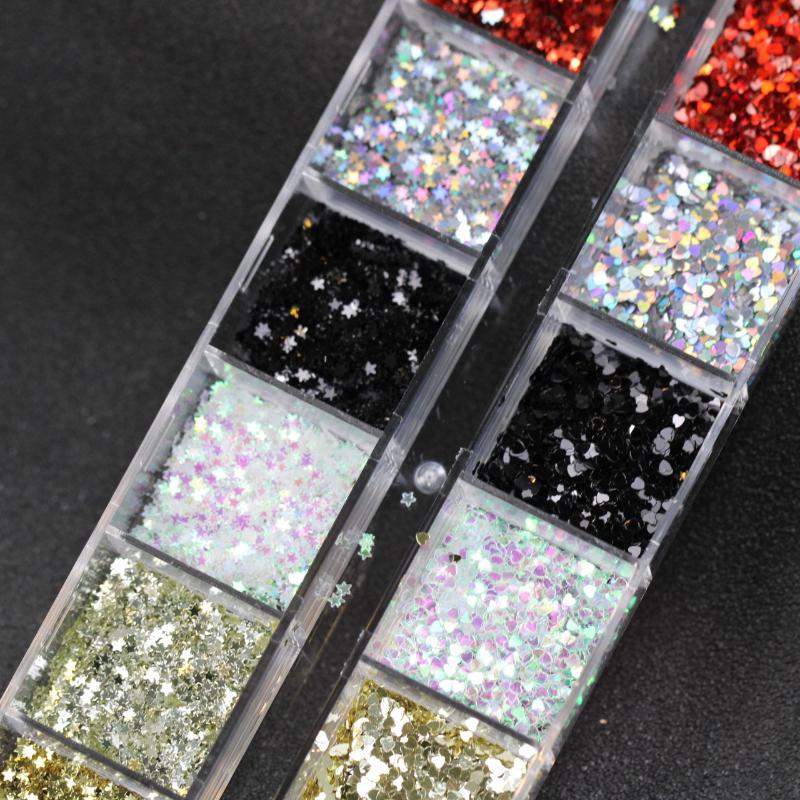 12 Grids Mini Mixed Star Heart Nail Art Glitter Sequins Sparkling Nail Sequins 3D Glitter Holographic Laser Nail Art Charms Diy