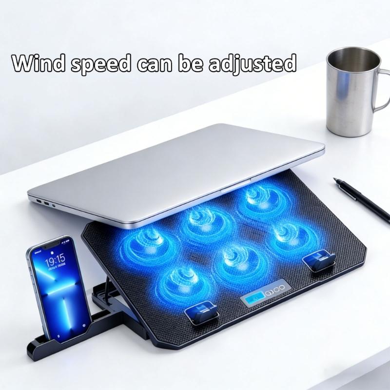 6 Quiet Fan Laptop Cooling Lighting Adjustable Foldable Laptop Cooling Pad LED Light Fan with 2 USB Port Phone Holder