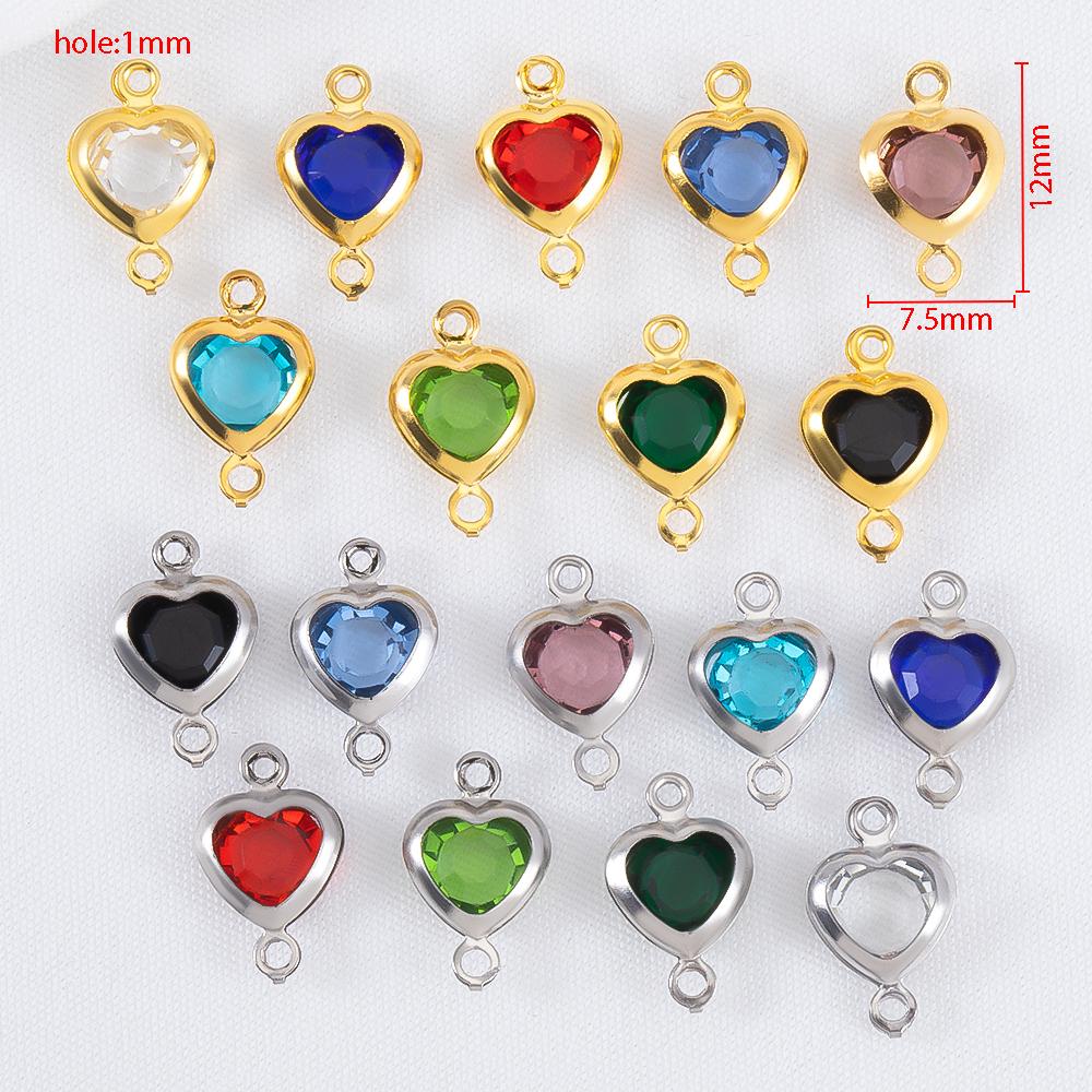 10pcs 7.5mm Stainless Steel Double Hole Heart Pendant Colorful Crystal Charms Connector for DIY Necklace Bracelet Jewelry Making