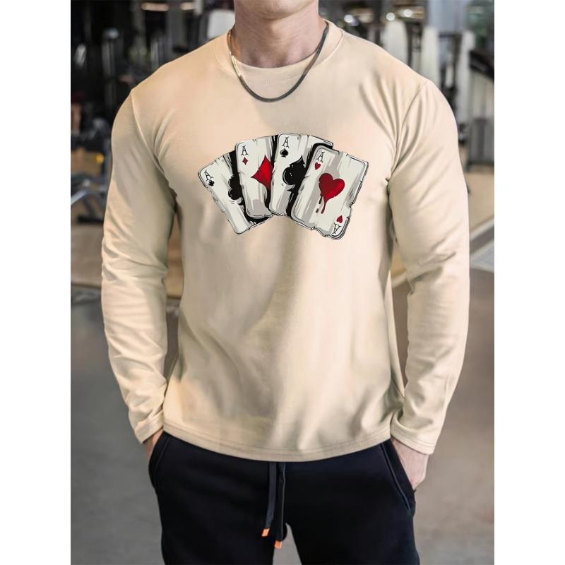 Men's 100% Pure Cotton Loose and Comfortable Casual Sports Poker Card Pattern Printed Round Neck Long Sleeved T-shirt Top