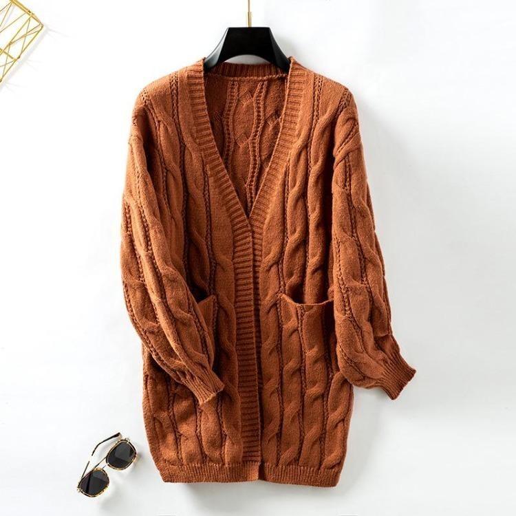 Vintage Autumn Winter Solid Color Loose V-Neck Long Sleeve Cardigan Sweater Knitwear