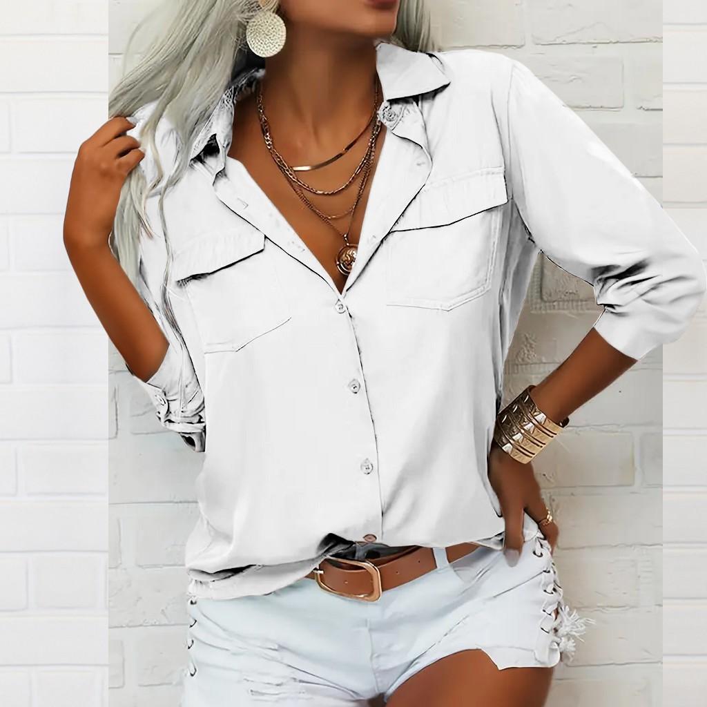 

Long Sleeve Linen Shirts For Women Button Down Loose Solid Color Blouse Lightweight Casual Lapel Tunic Tops XL білий