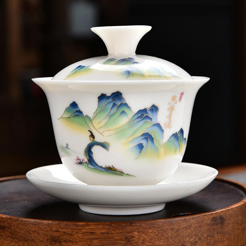 High Quality White Porcelain Gaiwan Gold Painted Cover Bowl Ceramic Tea Cup With Lid and Saucer Ceramic Kung Fu Tea Set Gai Wan