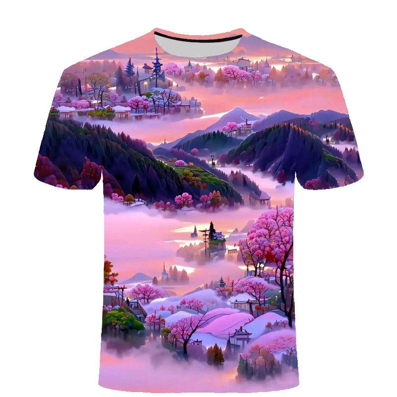 Verão Novo Topo Série Paisagem Quatro Estações Camiseta Casual Moderna de Manga Curta com Estampa 3D Moda Masculina e Feminina