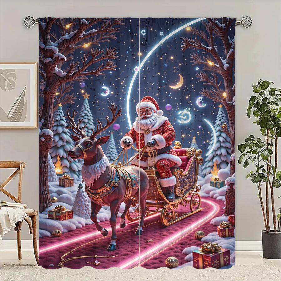 Set Of 2 Christmas Santa Claus Tree Pattern Printed Curtains Decorations Home Room Curtain Polyester Premium