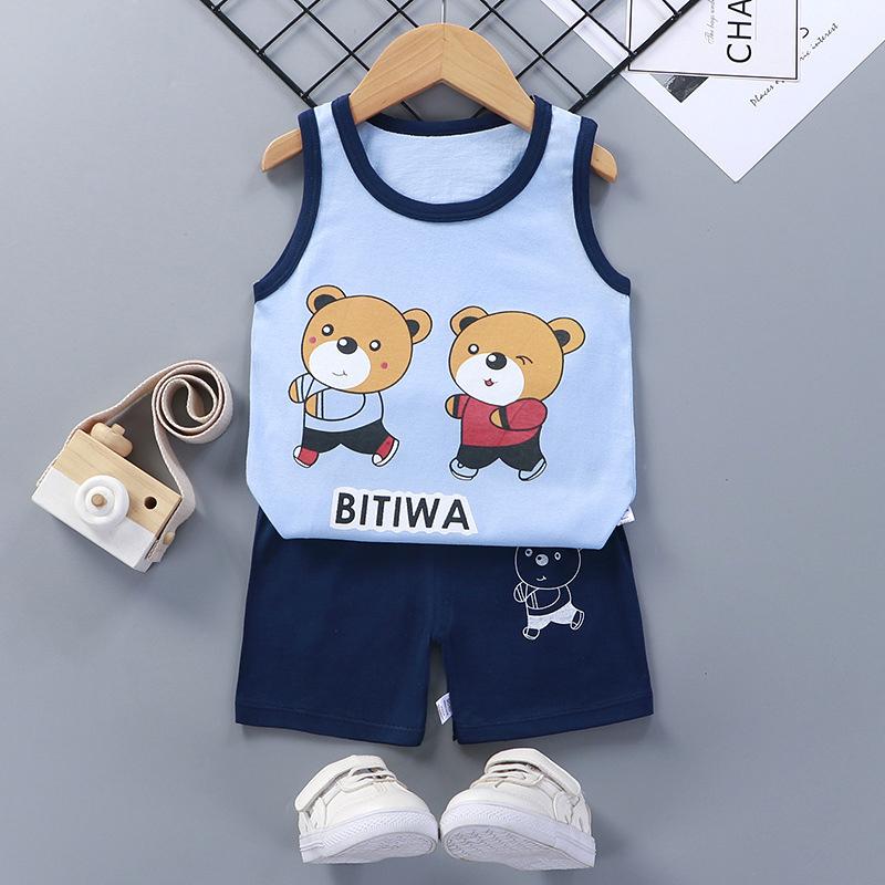 Summer Kids Non Sleeve O Neck Vest Pants Set Casual Baggy 2pcs Suit Cotton Cartoon Printes Outfit