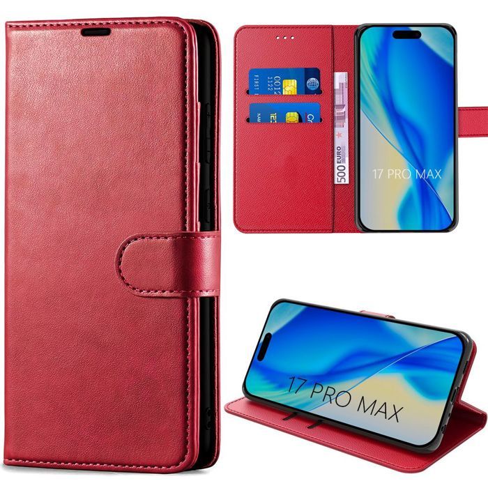 Coque pour iPhone 17 Pro Max - BOOLING - Protection Rabat Flip Case Antichoc Synthécuir - Rouge