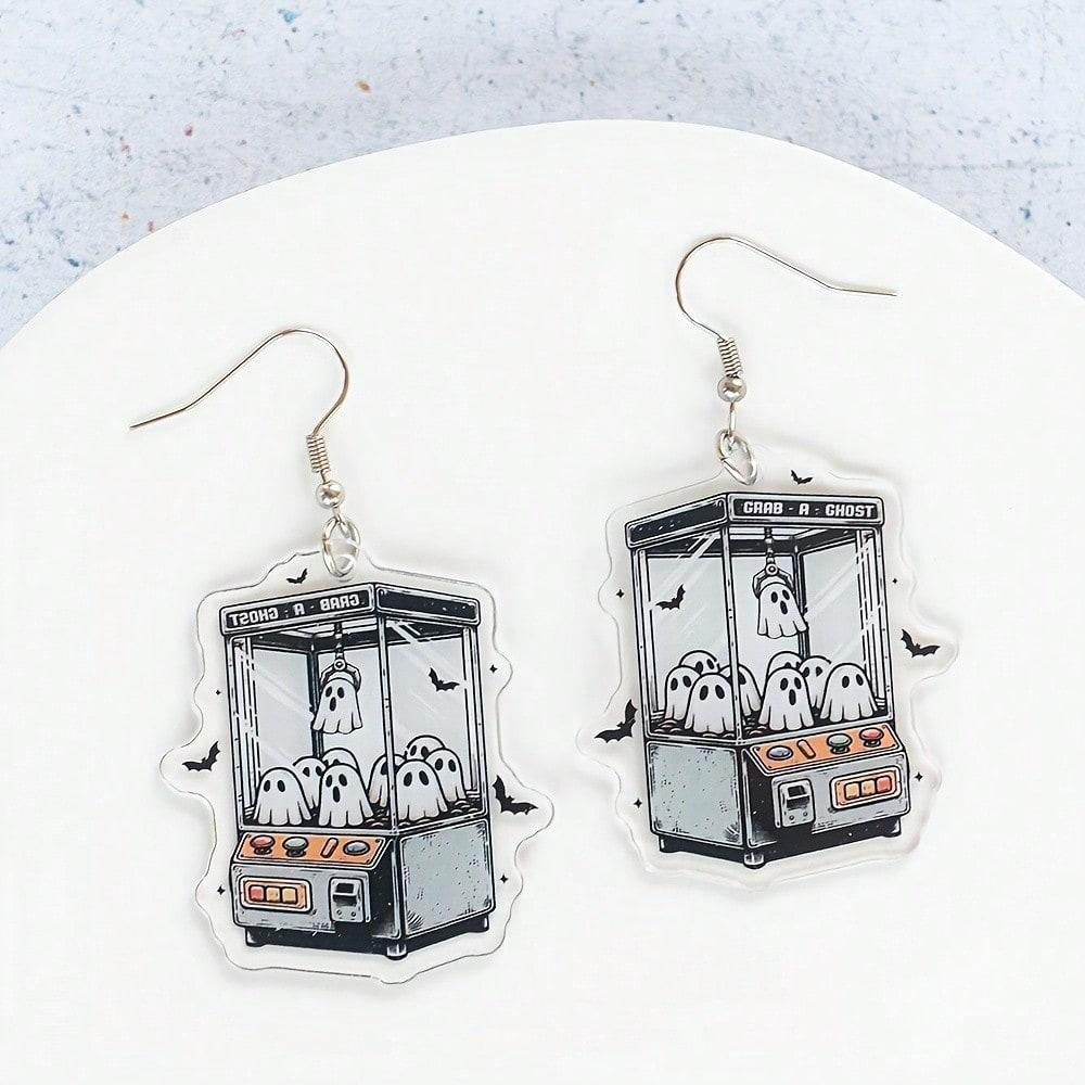 2D Charming Colorful Bow Tie Ghost Earrings, Acrylic Double-Sided Print Design, No Glitter, Cartoon Lightweight Earrings, Perfect Halloween Gift