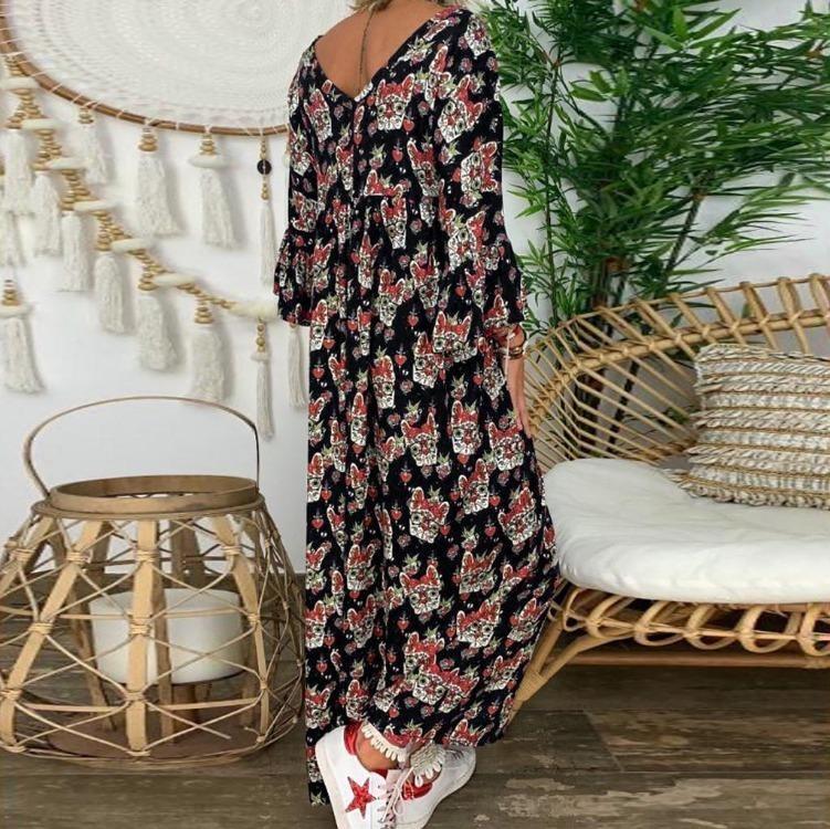 Floral Print Maxi Dress for Women Plus Size Long Sleeve V Neck Loose Fit