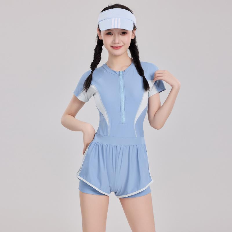 

2024 Милый слитный купальник для девочек - Стиль горячих источников для детей и студентов 150 (with chest pad) небесно-голубой