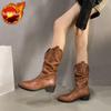 Autumn Winter Pointed Toe Middle Heel Women's Half High Boots Fleece-Lined Leather Ladies Mid Calf Shoes Chic and Elegant Boot