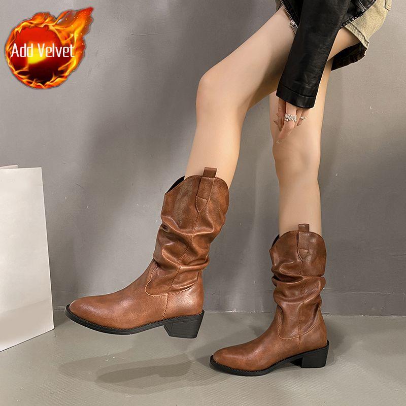 Autumn Winter Pointed Toe Middle Heel Women's Half High Boots Fleece-Lined Leather Ladies Mid Calf Shoes Chic and Elegant Boot