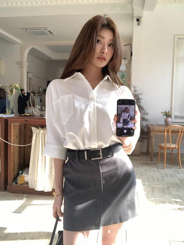 

Spring & Summer Color-Block Waist-Cinching Shirt Dress for Women Large