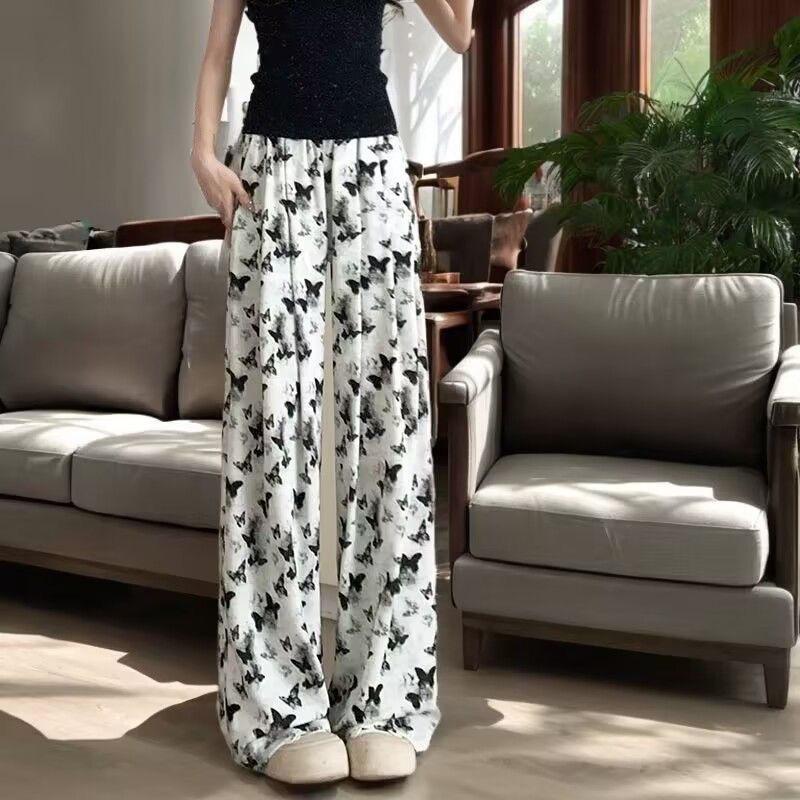 

Летние тонкие солнцезащитные облегающие широкие женские брюки с рисунком тушью в китайском стиле с бабочками, повседневные брюки для женщин XXXL белый