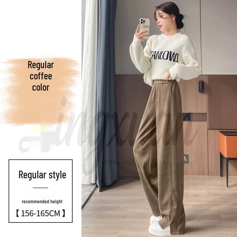 2026 Autumn/Winter Women s High Waist Herringbone Woolen Pants - Plus Velvet, Wide Leg, Slimming, Straight Leg, Casual Style Extra Large