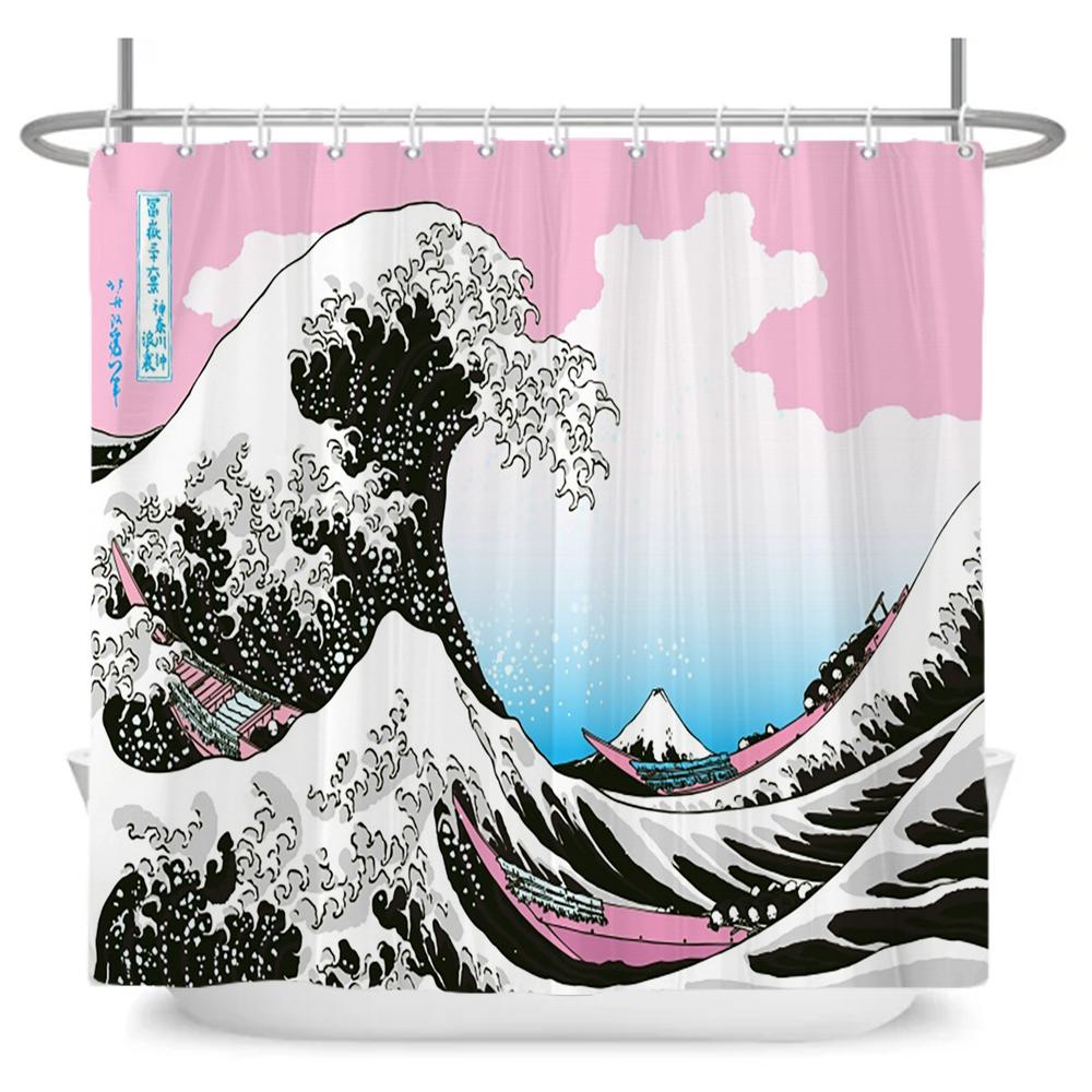 Japanese Wave Mount Fuji Plum Blossom Flower Printied Shower Curtain Waterproof Polyester Fabric Bathroom Curtains with 12 hooks