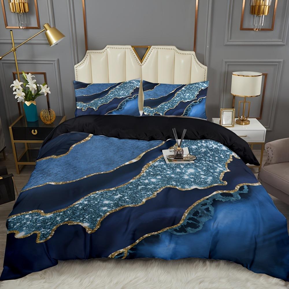 Blue Marble Textured Quilt Set Fashion 3D Digital Printing Bedding Quilt Set Three-Piece Set