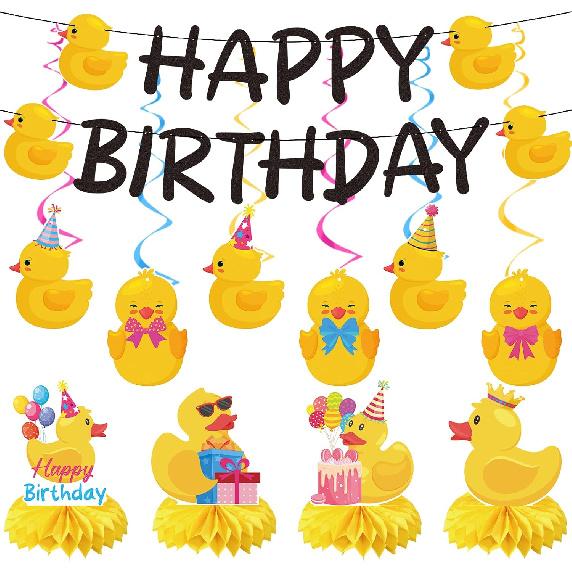 Duck Birthday Party Decorations - 18PCS Duck Party Decorations with Banner Hanging Swirls Centerpieces for Tables Duck Happy Birthday Decorations for