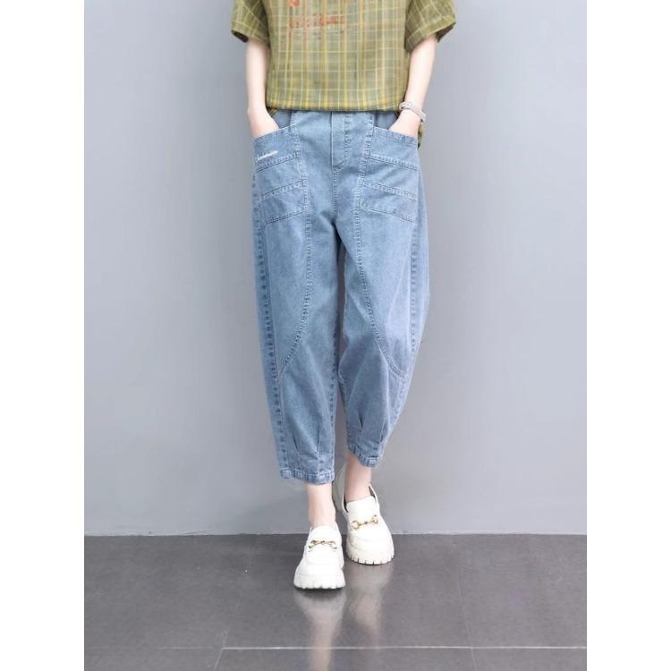 Women s Elastic Waist Harem Jeans Light Blue Denim Cropped Pants with Pocket Casual Loose Fit Trousers M
