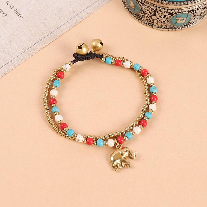 Ethnic Hand-Woven Elephant Bracelet: Bohemian Tibetan Style with Vintage Double Beads and Bell Charm for Women