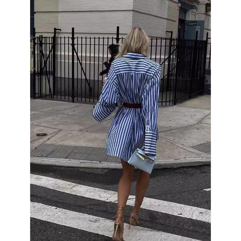 Mid-Length Shirts Loose Stripe Patchwork Shirt Dress Striped Mid Length Shirt