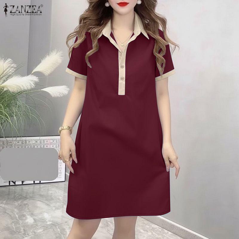 ZANZEA Women Casual Turn Down Collar Short Sleeve Shirt Dress
