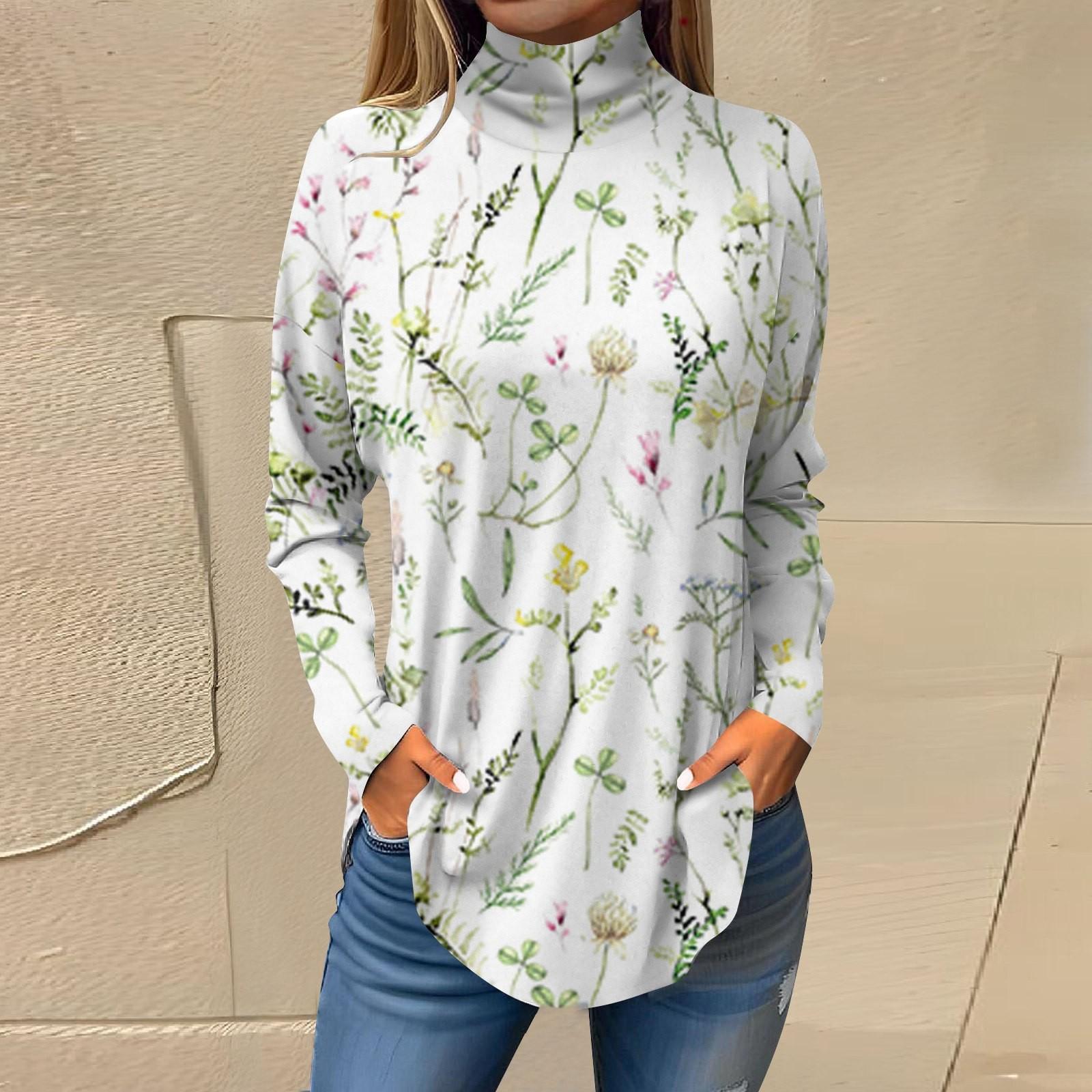 

Жіноча вільна футболка з високим вирізом і квітковим принтом у стилі ретро з довгими рукавами, верхній пуловер XL білий