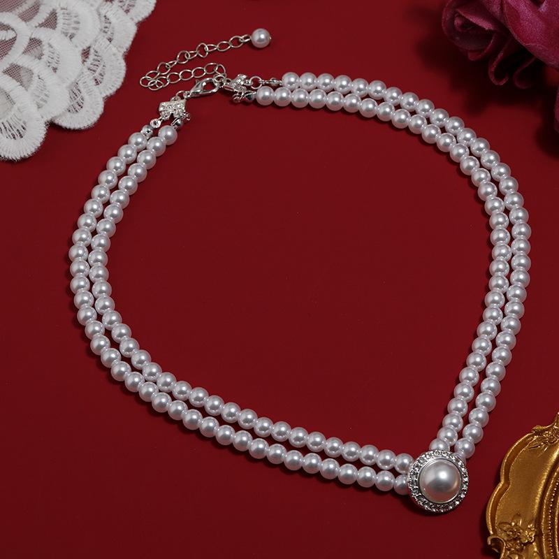 Retro Elegant Hepburn Fan Pearl Necklace Banquet Temperament Personality Versatile Collarbone Chain Cheongsam Dress with Accessories Women