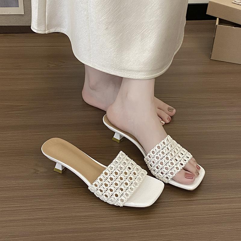French Gentle Woven Hollow Cool Slippers Women's Summer Wear Square Toe Sexy Simple High-heeled Slippers
