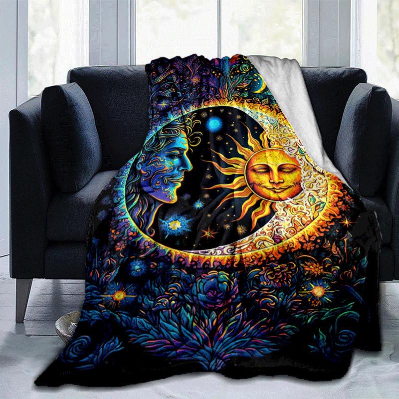 1pc Sun Printing Lightweight Flannel Blanket, Comfortable and Warm Blanket, for Camping Sofa Bed and Couch Office, In All Seasons