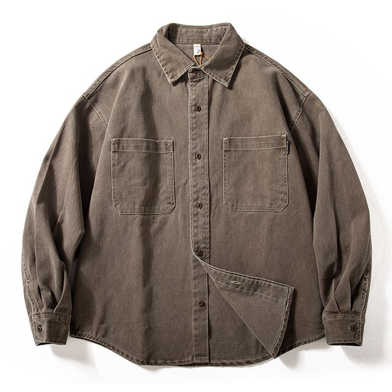 Shirt Men s Long Sleeves Heavy Weight American Retro Washed Distressed Tops High Street Handsome Loose Wide Version Shirt Coat Tide Coffee 3XL