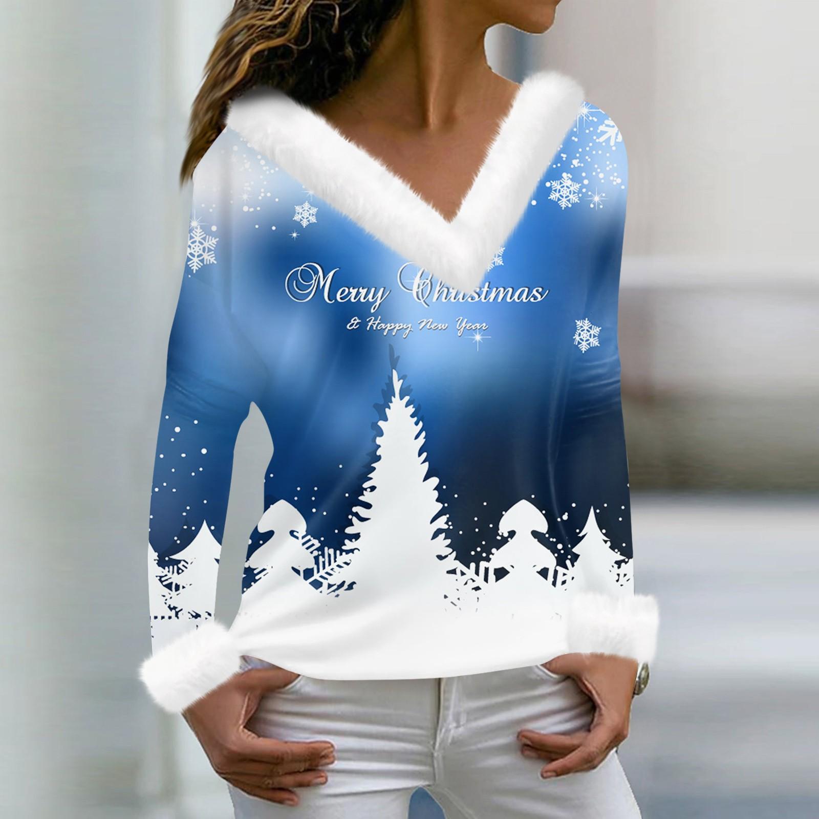 

Женская мода повседневная плюшевая кофта с длинным рукавом и V-образным вырезом с рождественским принтом L синий