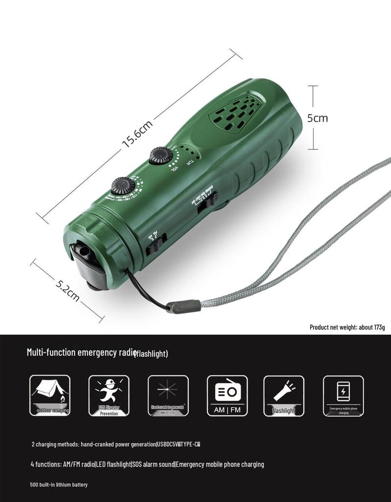 Emergency Multi-Function Hand-Crank Flashlight with Radio, SOS Alarm, and Phone Charger