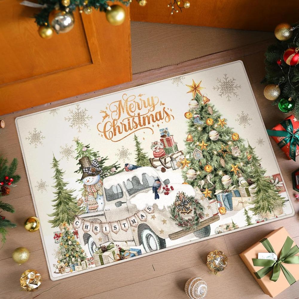Christmas Gingerbread House Carpet Santa Snowman Rug "MERRY CHRISTMAS" Mat Illustration Mat for Home Decoration Entryway Floor