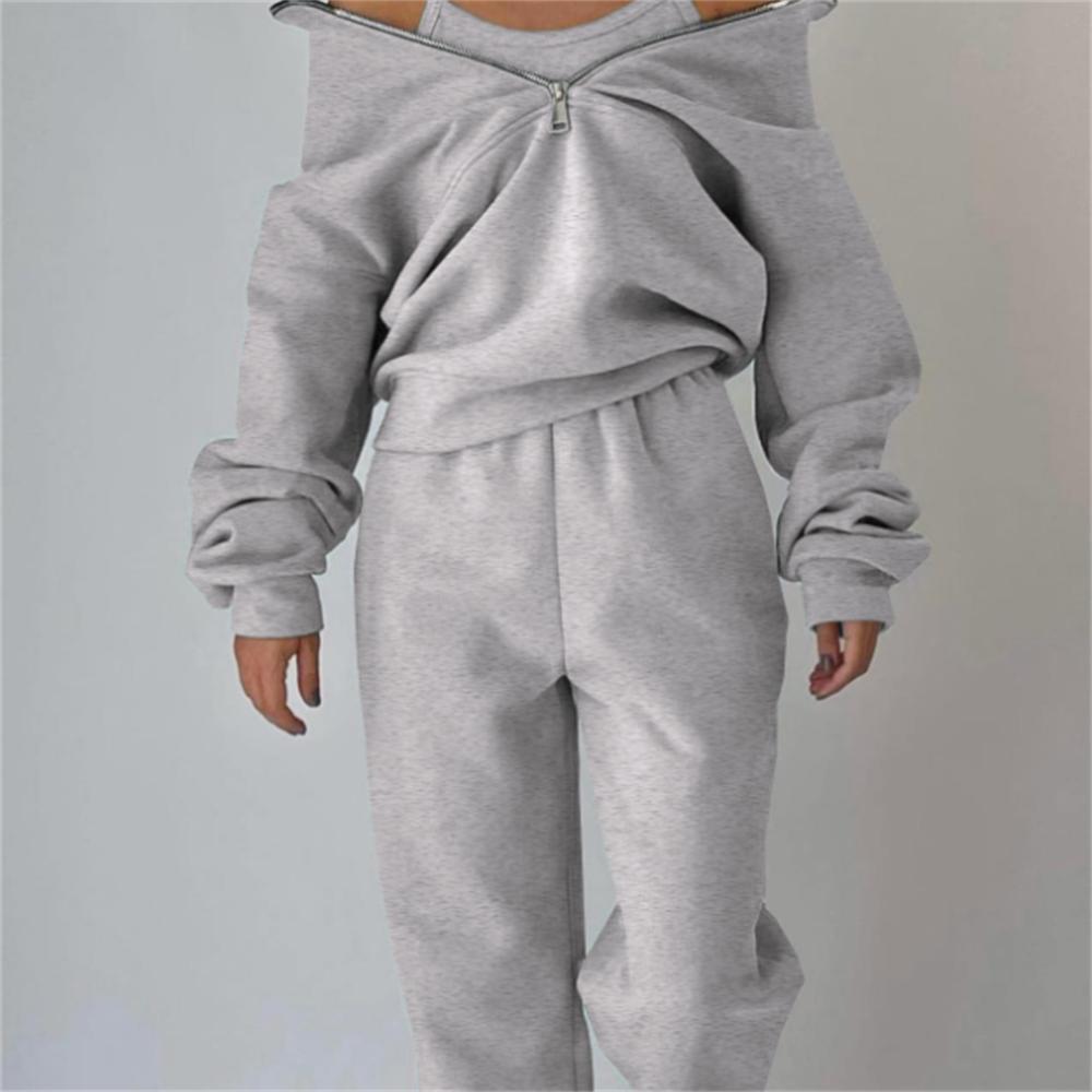 

Женский осенне-зимний спортивный теплый костюм, повседневные толстовки на молнии и спортивные костюмы для брюк XL серый