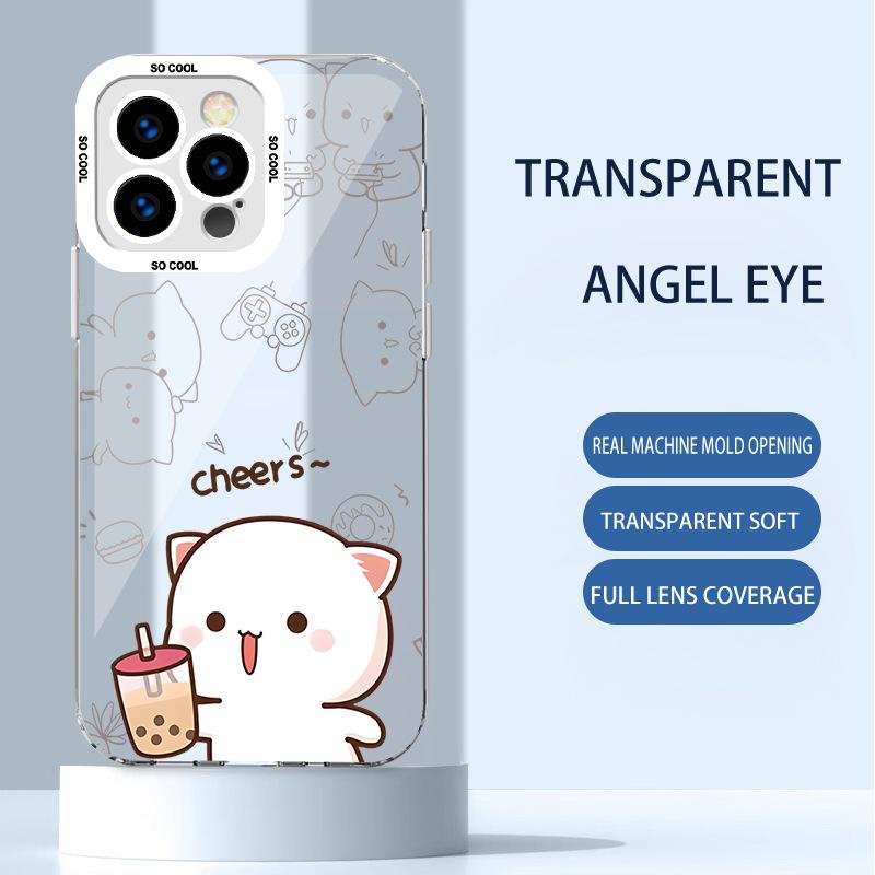 

Чехол для телефона Apple 12, 15, 11, i14, mini, 7P из жидкого стекла с дизайном персикового кота для пар — тема «Все включено с чаем с молоком». iPhone X