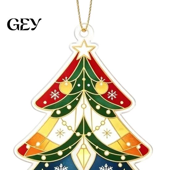 Holiday Hanging Pendant for Home 2D Flat Acrylic Christmas Tree Ornament, Vintage Stained Car Rear View Mirror Decoration Glass Style Pendant, Festive