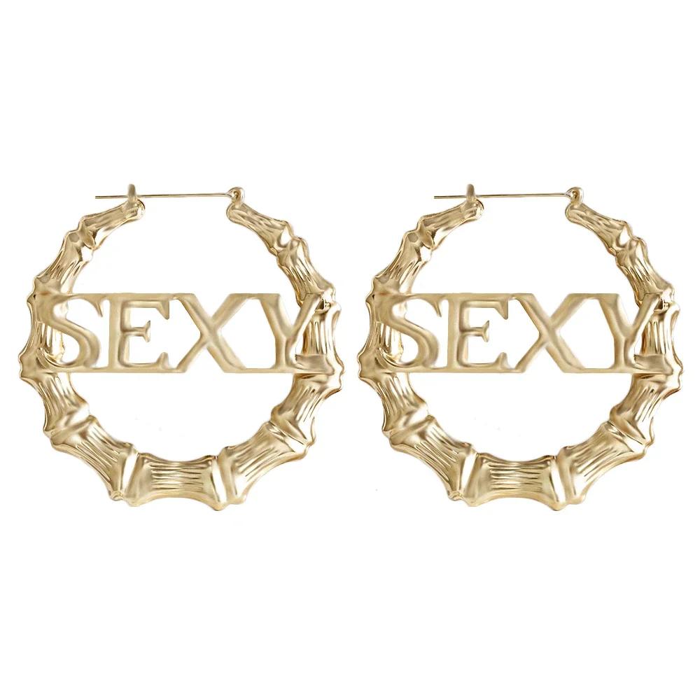 Brincos de argola de bambu estilo punk SOHOT com pingente dourado e prateado, letras sexy, joias para esposas de basquete, festa de verão