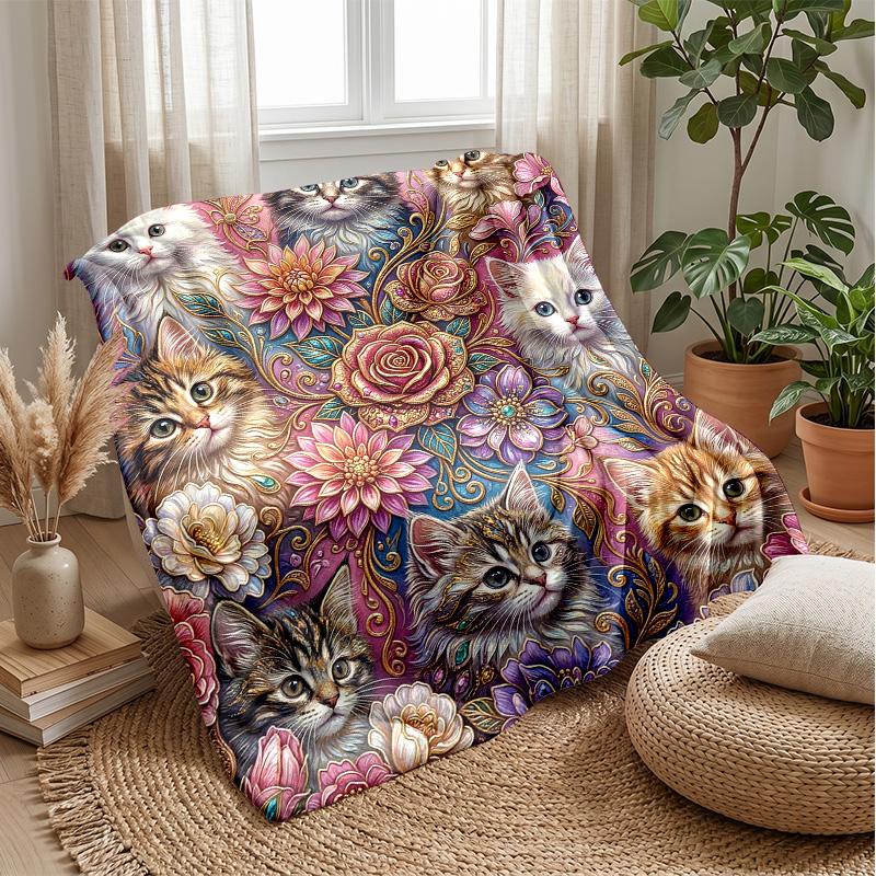 Cats In Cartoon Style Blanket Personalized Name Flannel Blanket Soft Cozy Plush Throw for Sofa Bed Lightweight Home Decor